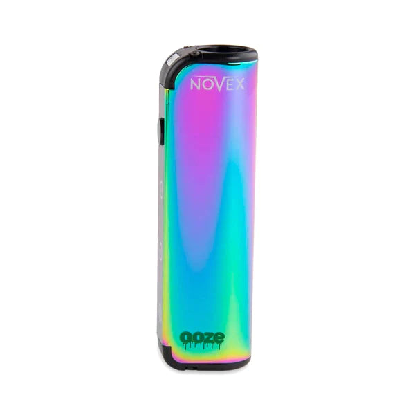 Front view of the Ooze Novex 510 extract battery in vibrant rainbow. This compact, palm-sized vaporizer battery offers a highly discreet and ergonomic design perfect for comfortably powering your favorite 510-threaded oil cartridges.