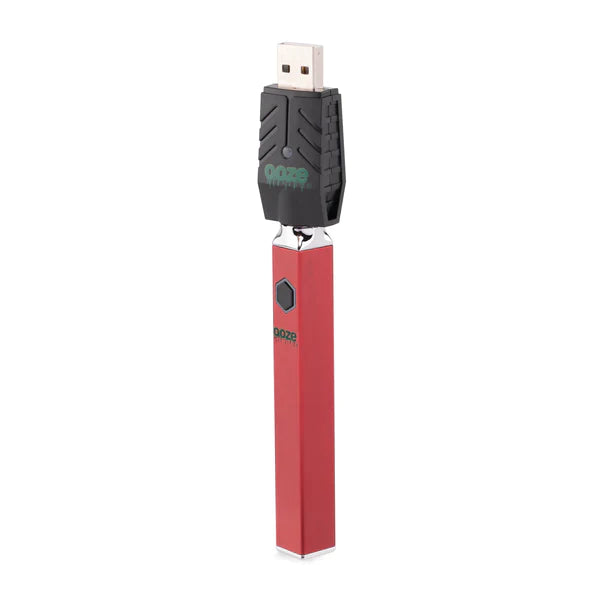 Front view of the Ooze Quad 510 battery in red. This unique vaporizer features an innovative square design that prevents the device from rolling off flat surfaces and cracking attached glass cartridges.