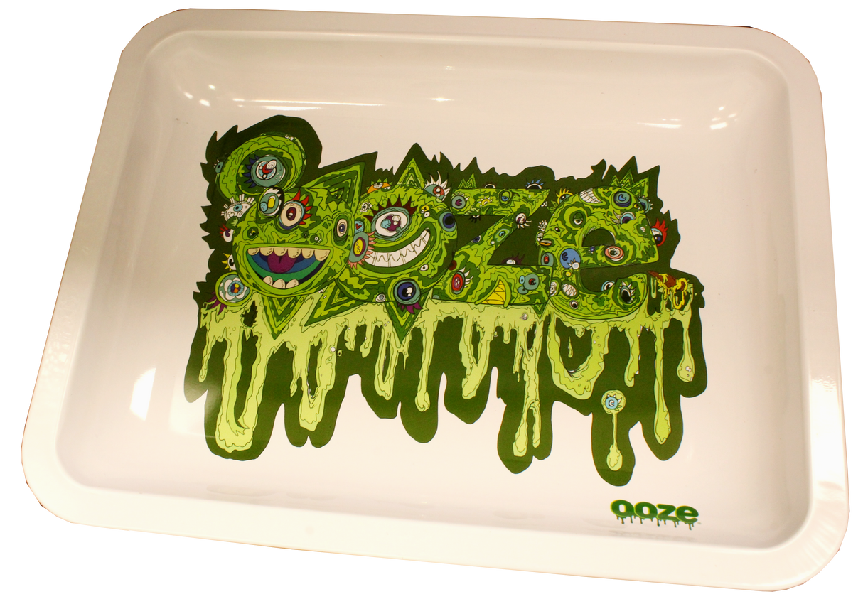 small Ooze metal rolling tray with Oozemosis green slime graphics and a high-gloss protective finish.