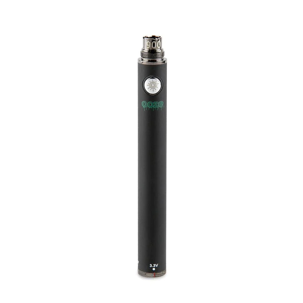 Angled view of a single Ooze Twist 900mAh vape battery in sleek matte black. Boasting an upgraded 900mAh capacity cell, this discreet and highly portable 510-thread vape pen delivers extended vaping sessions without the need for constant recharging.