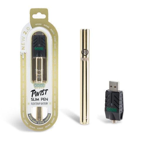 Front view of the Ooze Twist Slim Pen 2.0 flex temp battery in gold. This upgraded 510-thread vape pen features dual-activation technology, allowing for both button-press and auto-draw firing with your favorite extract cartridges.