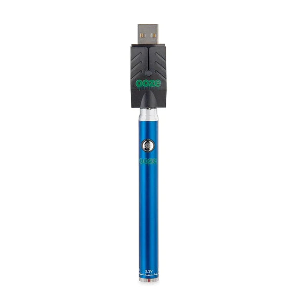 Front view of the Ooze Twist Slim Pen adjustable voltage battery in sleek blue. This reliable and highly portable 510-thread vape pen is designed for seamless, everyday use with standard pre-filled oil and extract cartridges.