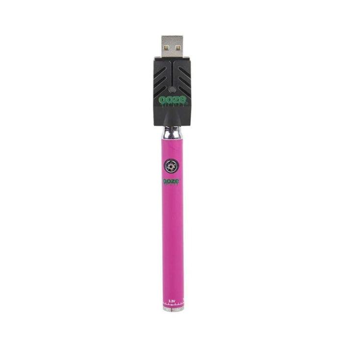 Front view of the Ooze Twist Slim Pen adjustable voltage battery in pink. This reliable and highly portable 510-thread vape pen is designed for seamless, everyday use with standard pre-filled oil and extract cartridges.