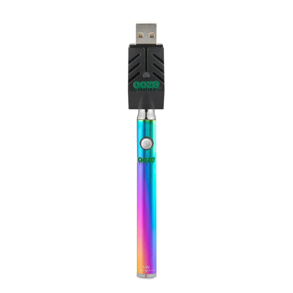 Front view of the Ooze Twist Slim Pen adjustable voltage battery in vibrant rainbow. This reliable and highly portable 510-thread vape pen is designed for seamless, everyday use with standard pre-filled oil and extract cartridges.