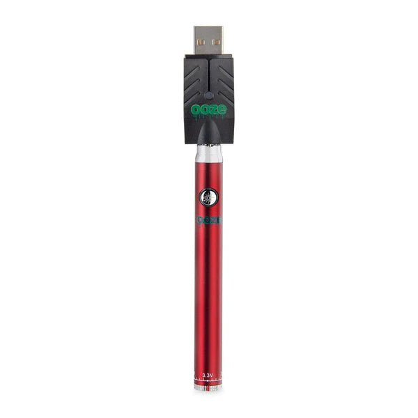 Front view of the Ooze Twist Slim Pen adjustable voltage battery in sleek red. This reliable and highly portable 510-thread vape pen is designed for seamless, everyday use with standard pre-filled oil and extract cartridges.