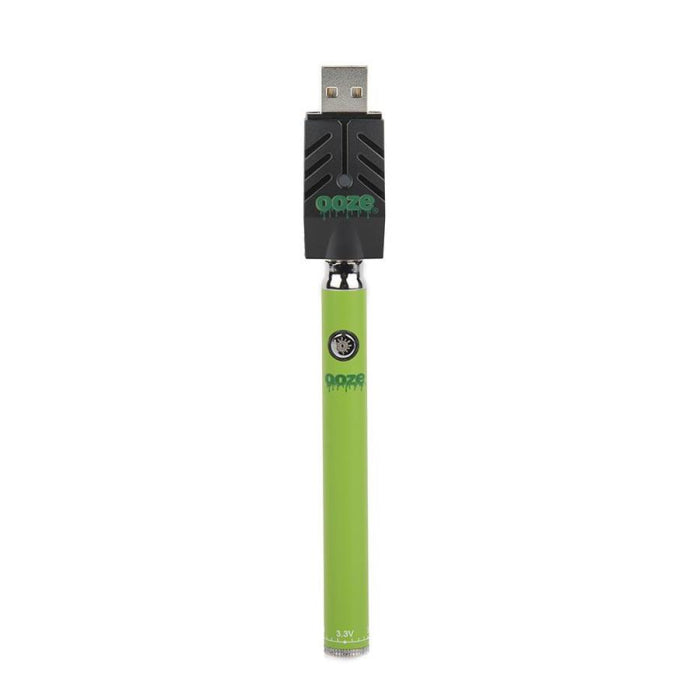 Front view of the Ooze Twist Slim Pen adjustable voltage battery in green. This reliable and highly portable 510-thread vape pen is designed for seamless, everyday use with standard pre-filled oil and extract cartridges.
