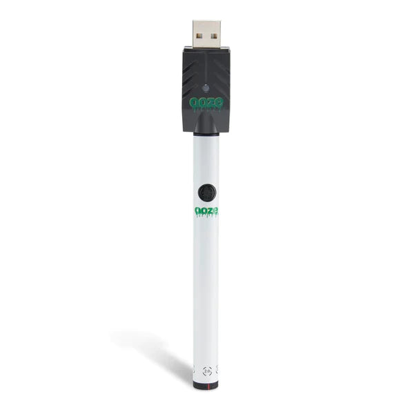 Front view of the Ooze Twist Slim Pen adjustable voltage battery in white. This reliable and highly portable 510-thread vape pen is designed for seamless, everyday use with standard pre-filled oil and extract cartridges.