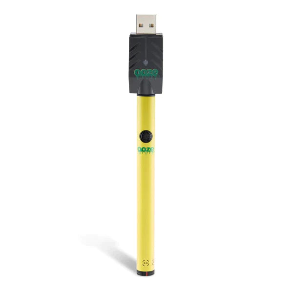 Front view of the Ooze Twist Slim Pen adjustable voltage battery in yellow. This reliable and highly portable 510-thread vape pen is designed for seamless, everyday use with standard pre-filled oil and extract cartridges.