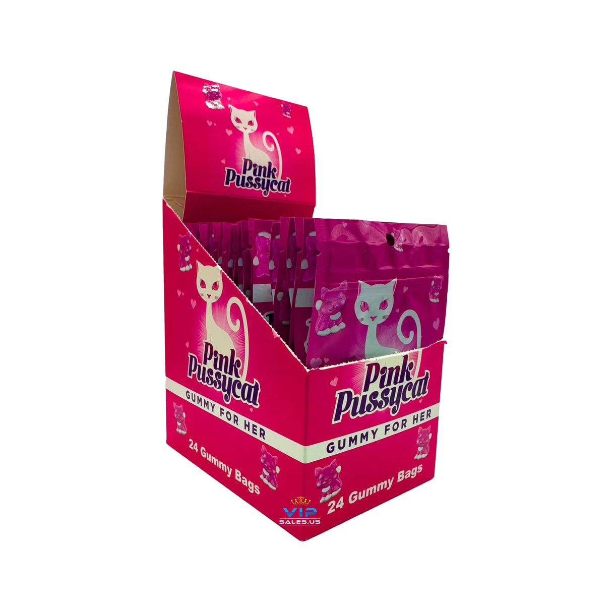 Angled overhead view of the Pink Pussycat Vita Gummies 24-pack retail display box in vibrant pink and black packaging. This professional wholesale countertop display holds 24 individual 2-count packs of female enhancement gummies formulated to support intimate wellness, increase sensation, and boost energy.