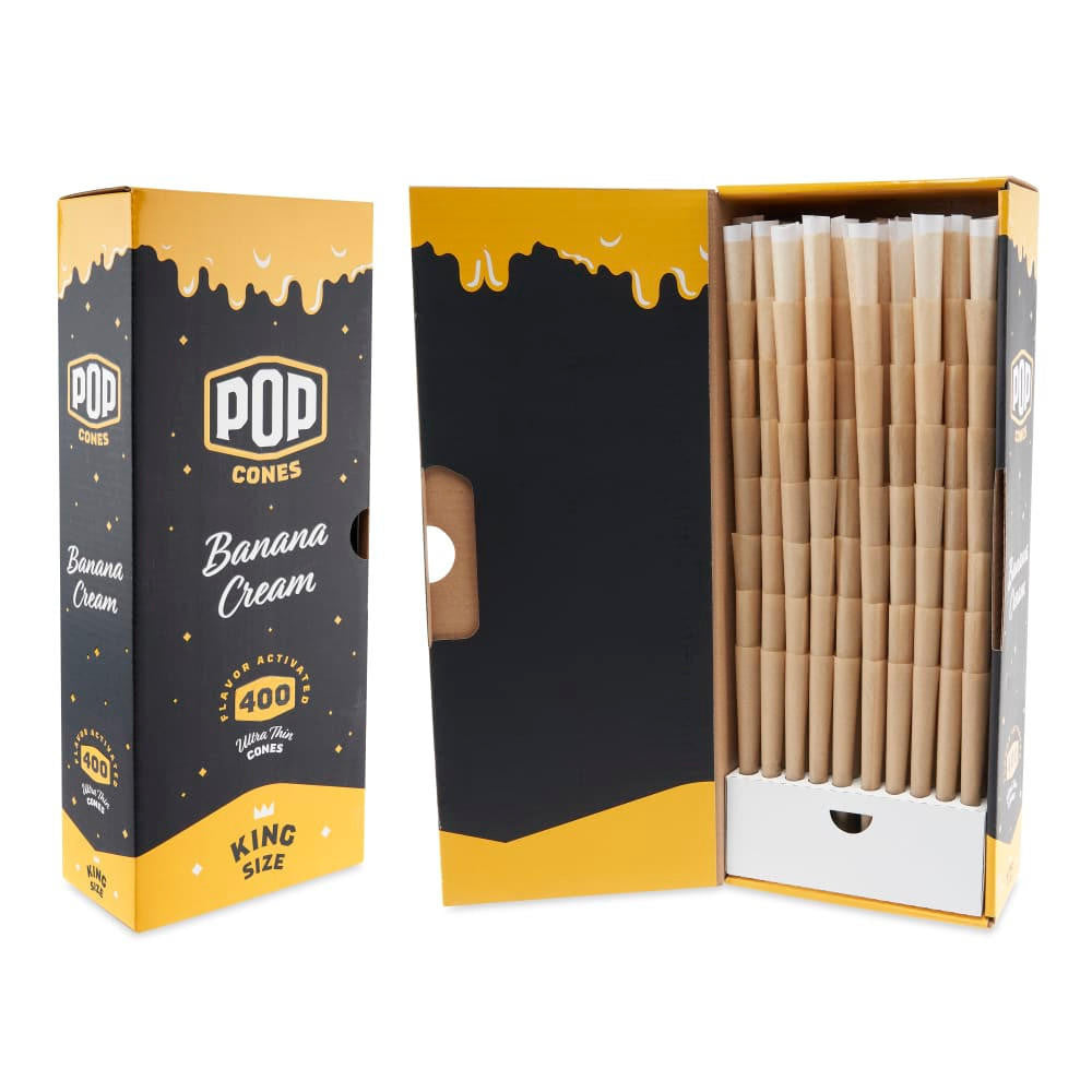 Front view of the Pop Cones king size 400ct bulk packaging in a branded cardboard carton. This massive 400-count wholesale box provides dispensaries, processors, and heavy consumers with an uninterrupted supply of premium pre-rolled cones.