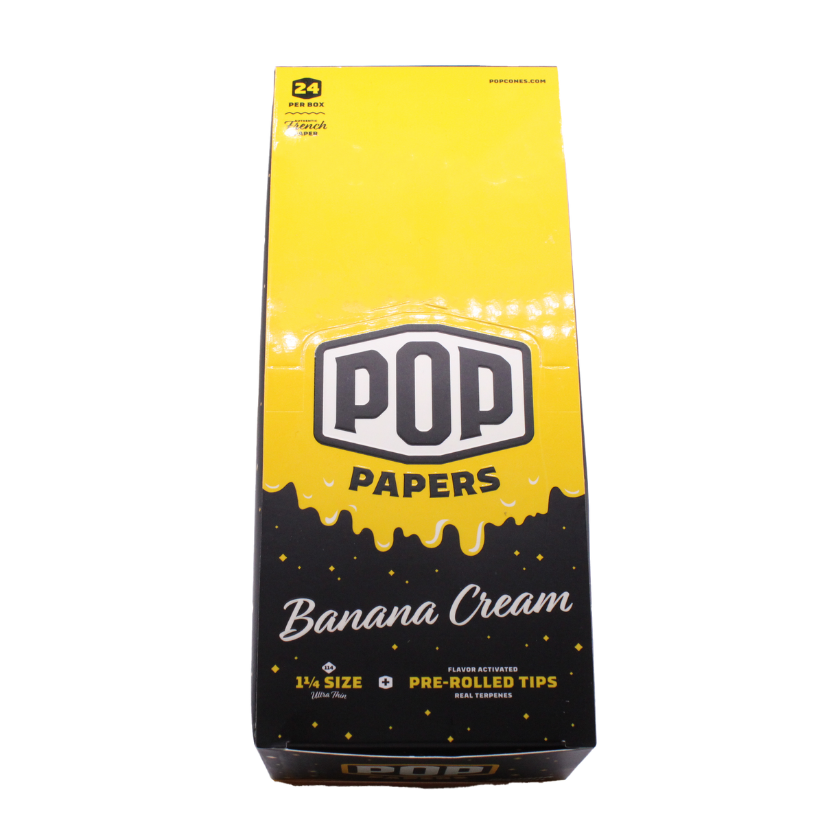 Front view of the POP Papers Banana Cream rolling papers booklet in vibrant yellow. This specialized preparation accessory puts complete taste control directly in the user's hands.