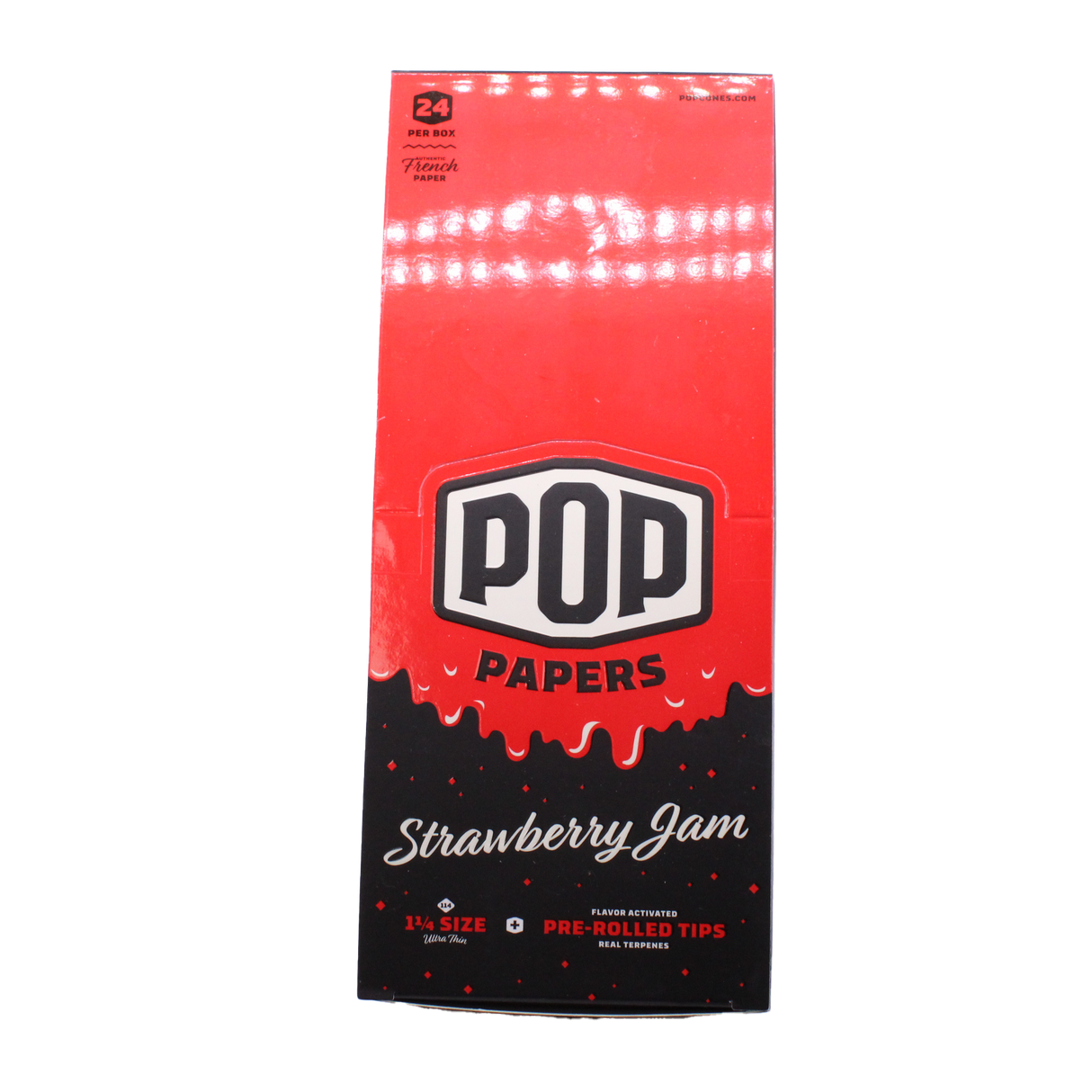 Front view of the POP Papers Strawberry Jam rolling papers booklet in a bold red finish. This product relies on botanical extracts rather than harsh chemical sprays to generate its recognizable aromas.