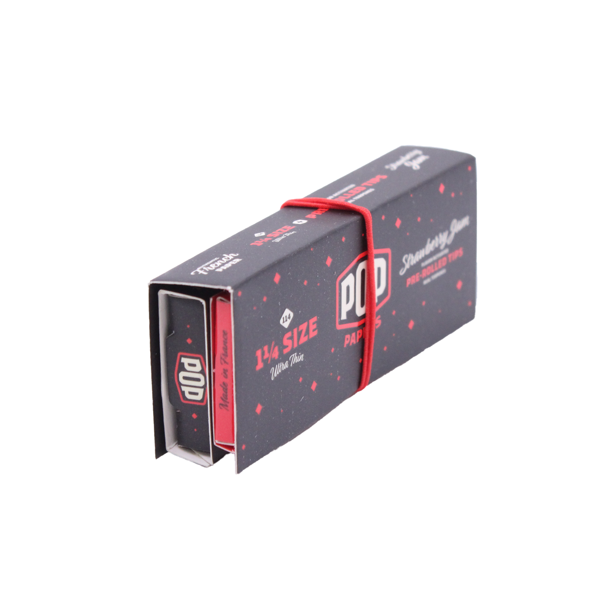 Angled overhead view of the red POP Papers Strawberry Jam booklet opened up to reveal the included rolling materials. It features an integrated extract bead inside the filter that releases a wave of fruit-derived taste.