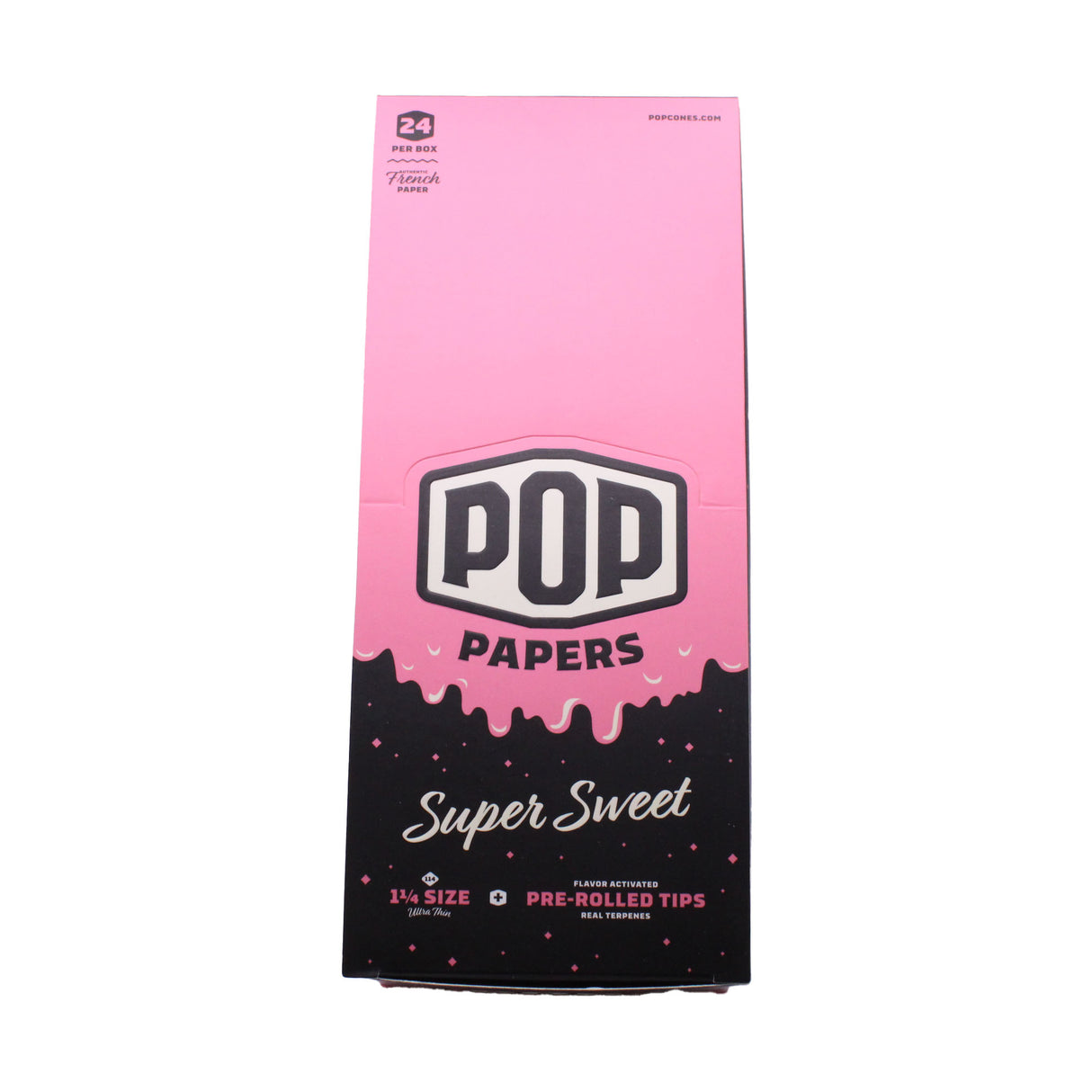 Front view of the POP Papers Super Sweet rolling papers booklet in light blue. Each booklet pairs genuine, fine French paper with specially engineered filter crutches for immediate, on-the-go rolling.
