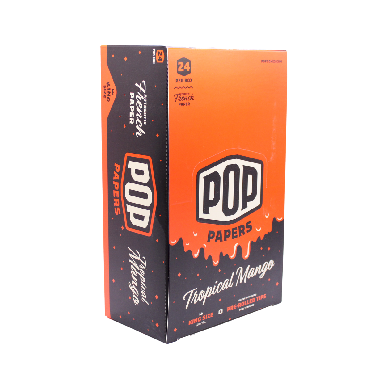 Angled view of the POP Papers Tropical Mango rolling papers display in bright orange. Each pack includes 32 king size leaves and 12 interactive squeeze-and-pop flavor tips.