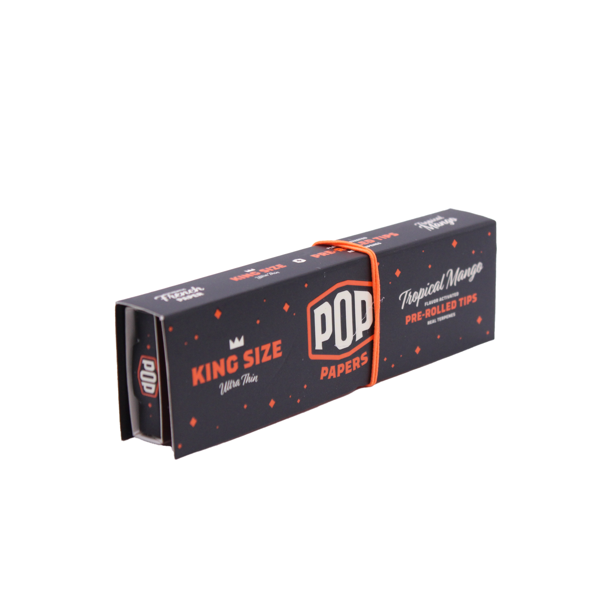 Angled overhead view of the orange POP Papers Tropical Mango booklet. The crushable filter beads are filled with fruit-derived terpenes for customized taste.