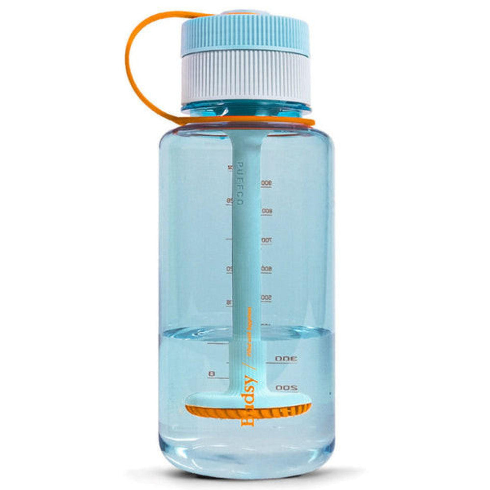 Front view of the Puffco Budsy disguised water pipe in Glacier, showing a cool frosty blue-tinted plastic body. This sleek stealth pipe blends seamlessly into everyday gym gear or travel bags for inconspicuous outdoor use.