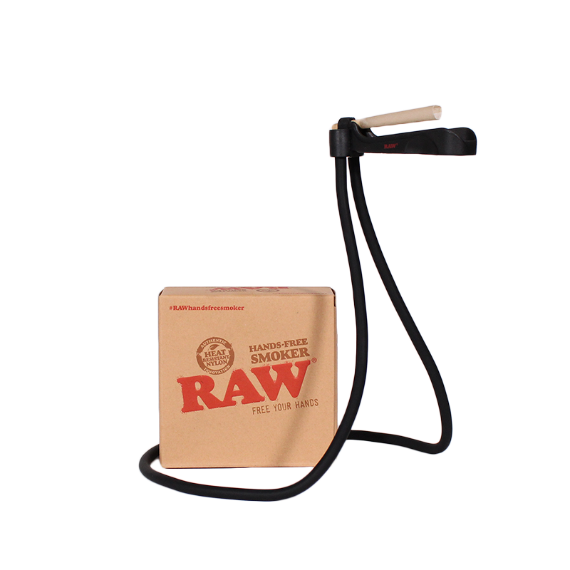 Front angled view of the RAW Hands-Free Smoker Wearable Ash Catcher in black and silver. This innovative neck-worn accessory holds your pre-roll at mouth level while a built-in tray catches the ash, allowing you to smoke completely hands-free while gaming or working.