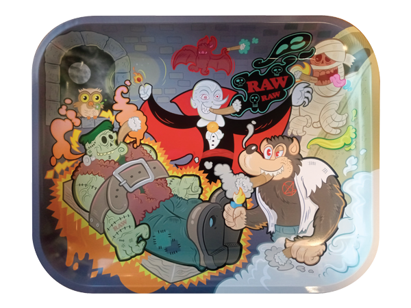 Top down view of the RAW Monster Sesh Large Metal Rolling Tray featuring multicolored, limited-edition Halloween cartoon monster artwork on a dark backdrop. This durable, spacious preparation tray features high sides and curved corners to easily contain and organize all your smoking accessories.