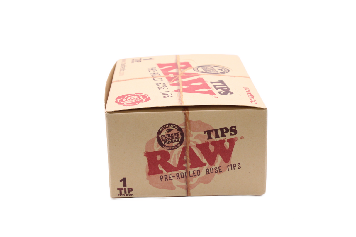 Side view of the RAW pre-rolled rose tips display box in natural kraft brown with red branding. This convenient retail-ready packaging provides an eye-catching point of purchase solution for premium unbleached filters.