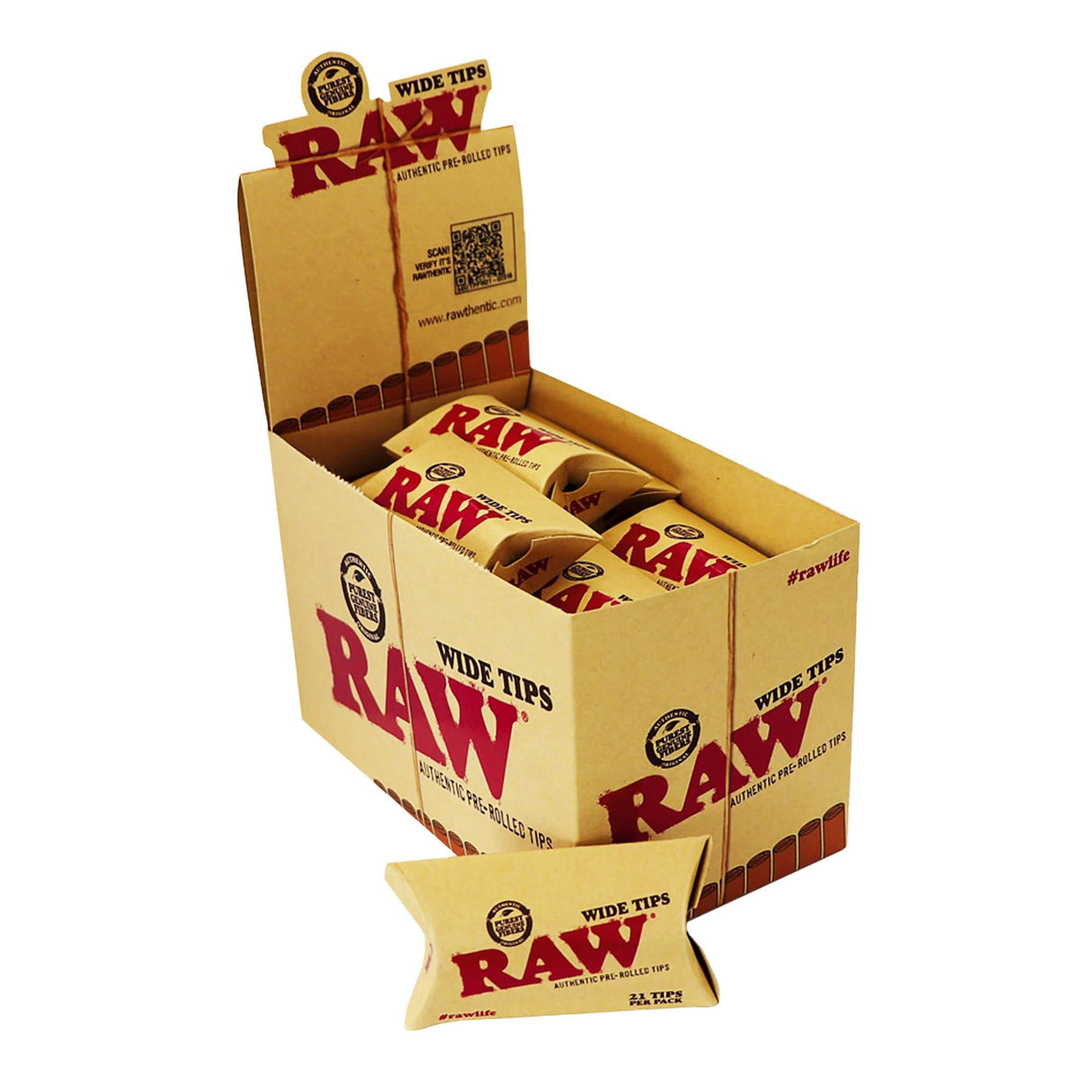 Front angled view of the RAW Pre-Rolled Wide Tips 20-pack display box in natural kraft brown packaging with bold red branding. This retail-ready counter box offers smoke shops a professional countertop presentation for these convenient, pre-rolled extra-wide filter tips.