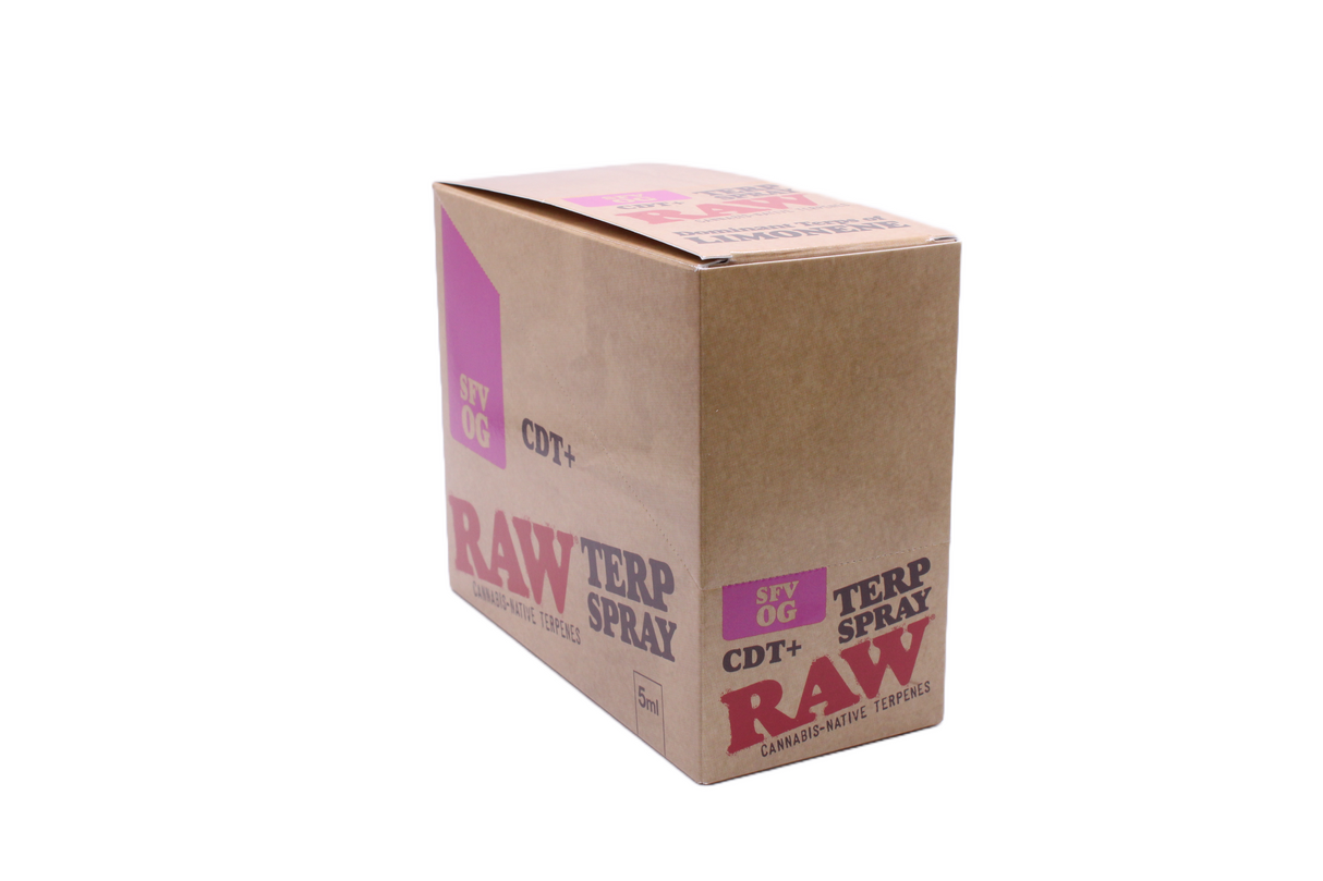 Front view of the RAW Terpene Spray 8-count display box in SFV OG featuring blue and natural kraft brown packaging. The 5mL fluid capacity ensures the bottle easily fits into any pocket or stash bag for on-the-go sessions.