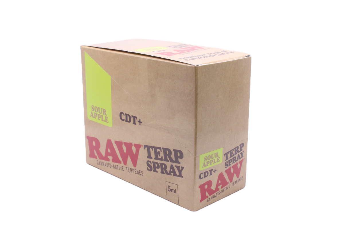 Front view of the RAW Terpene Spray 8-count display box in Sour Apple featuring green and kraft brown colors. Users simply apply a quick mist onto their preferred paper, cone, or raw flower to customize their session.