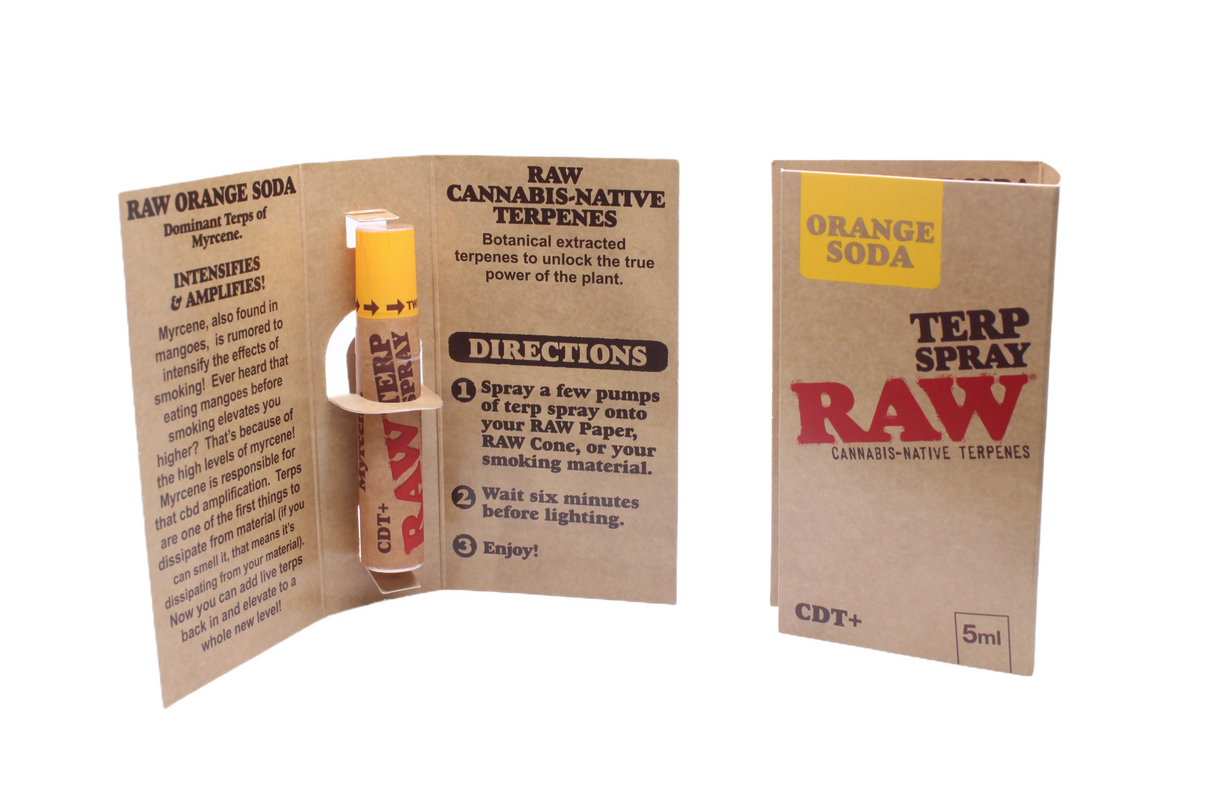 Angled overhead view of the open RAW Terpene Spray Orange Soda showing the individual 5mL bottles. Crafted using genuine terpene isolates to generate recognizable scents without harsh chemical additives.