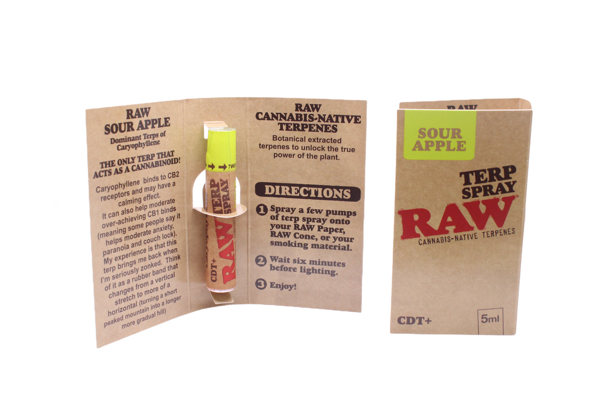 Angled overhead view of the open RAW Terpene Spray Sour Apple carton revealing the individual pocket-sized spray bottles. This fluid perfectly complements the user's chosen botanical material without introducing synthetic syrups.
