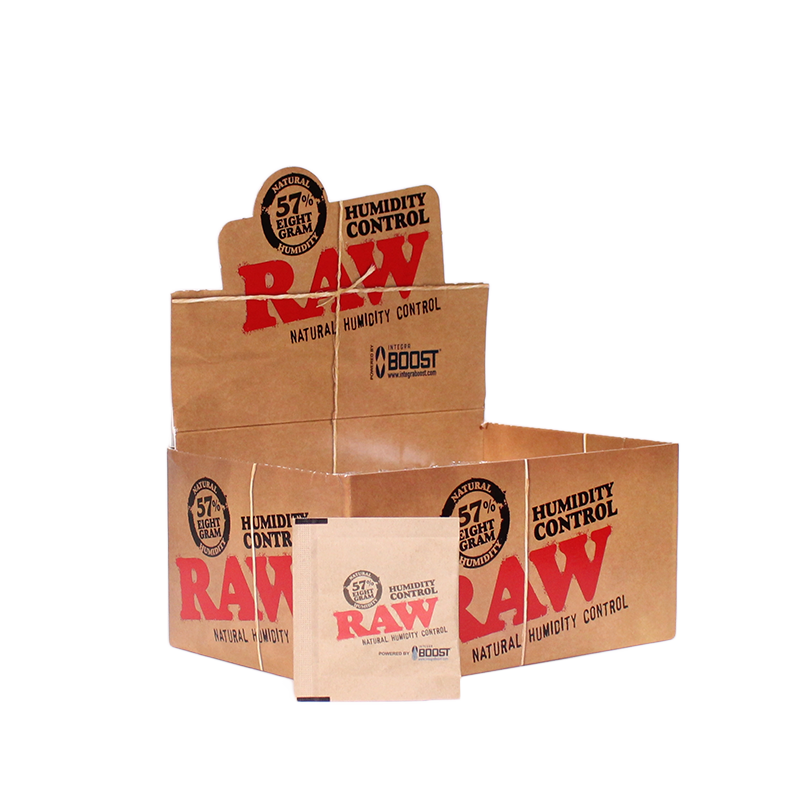 Angled view of the RAW x Integra 8g Humidity Control 60-count retail display box. The fold-out cardboard carton serves as an instant countertop merchandiser for high-turnover single-packet sales of these 62% relative humidity packs.