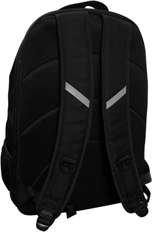 Back view of the RAW x Rolling Papers backpack in black. This stealthy transport bag features padded shoulder straps and a cushioned back panel to distribute weight evenly and comfortably carry gear.