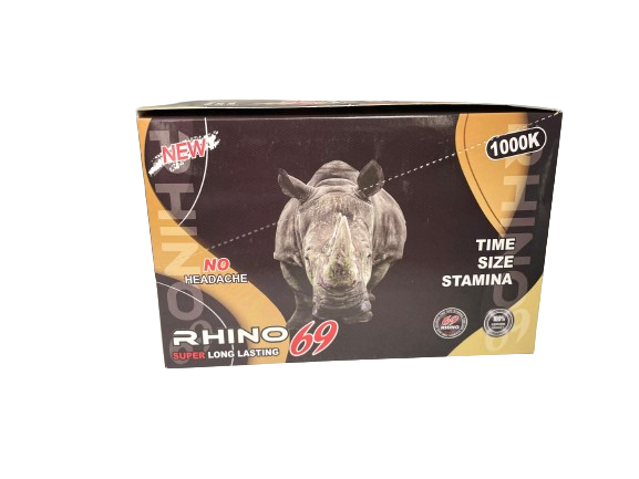 Front view of the Rhino 69 1000K male enhancement pill blister card in high-shine metallic foil. This extra-strength dietary supplement helps users maximize their stamina for peak physical endurance.