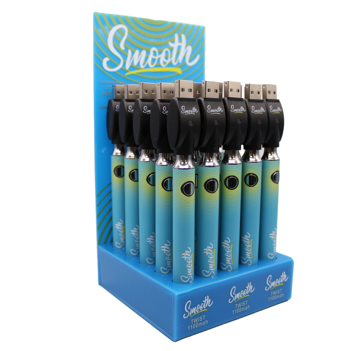 Front view of the closed Smooth 510 thread batteries 25-count display box in vibrant blue branding. This wholesale bulk display provides smoke shops with high-quality, reliable batteries perfectly calibrated for 510-compatible oil and wax cartridges.