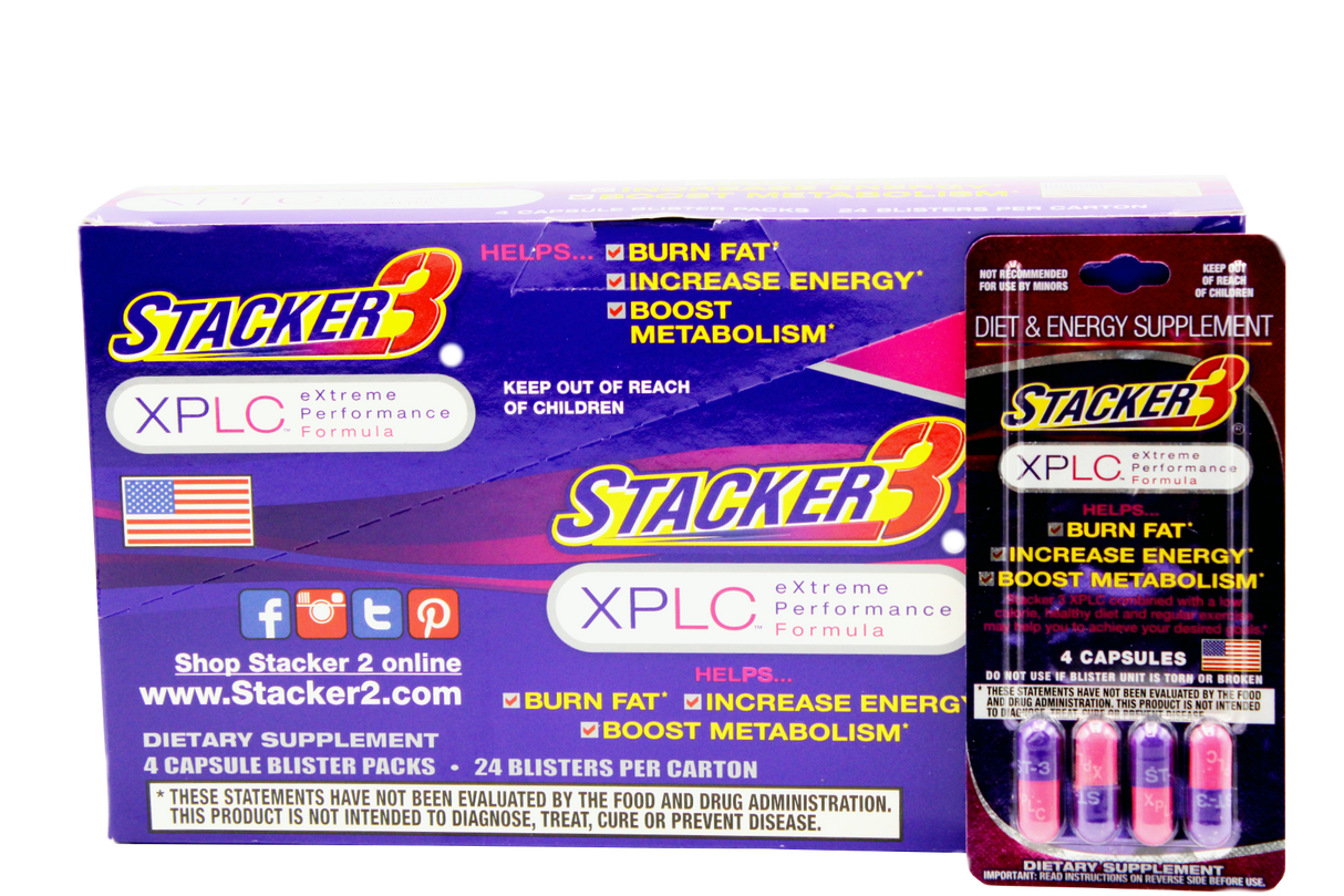 Front angled view of the Stacker 3 XPLC Blaster Pack 24ct display box in metallic orange and black. This bulk wholesale counter box holds 24 individual blister cards, making it an ideal high-margin impulse item for convenience store and smoke shop checkout counters.