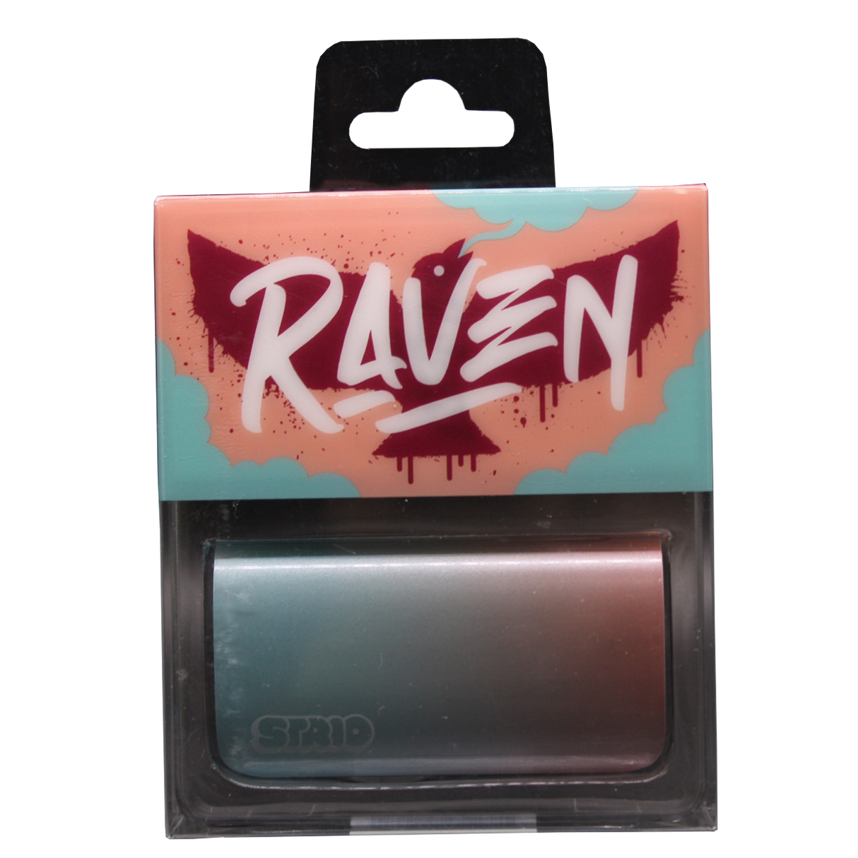 Front view of the Strio Raven 600mAh cartridge battery mod in blue and red. This compact, ergonomic 510-thread battery completely conceals your standard oil cartridges for a highly stealthy and protected vaping experience.