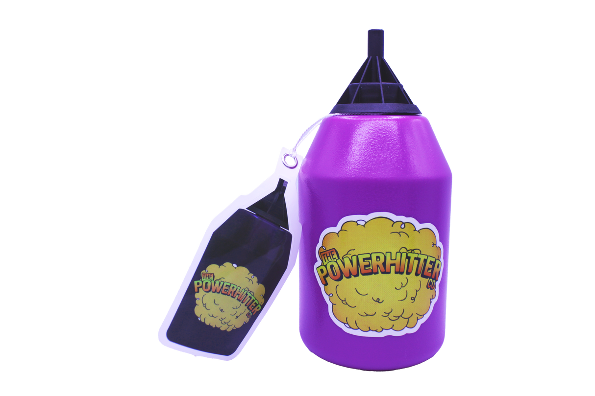 Front view of The PowerHitter contactless smoking device in classic blue and black. This innovative squeeze bottle captures and funnels smoke to allow for safe, sanitary sharing without any lip contact.