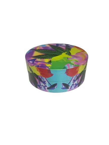 Front view of the Tripy Leaf Grinder 4pc in an assortment of vibrant multi-colored finishes. This heavy-duty 4-piece metal grinder features a unique psychedelic trippy leaf graphic on the lid and is designed to efficiently shred and store dry herbs.