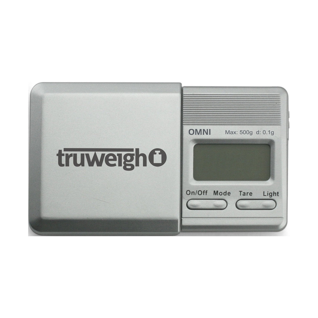 Front angled view of the Truweigh OMNI digital pocket scale in sleek black. This ultra-compact pocket scale features a 500g maximum capacity and precise 0.1g readability for accurately weighing loose botanical herbs and solid concentrates.