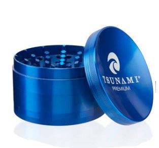 Front view of the Tsunami 100mm sunken top herb grinder in sleek blue. This extra-large, premium aluminum grinder features a unique bowl-shaped top perfect for conveniently mixing and rolling your dry herbs.