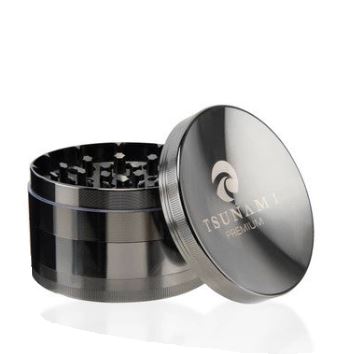Front view of the Tsunami 100mm sunken top herb grinder in sleek gunmetal. This extra-large, premium aluminum grinder features a unique bowl-shaped top perfect for conveniently mixing and rolling your dry herbs.