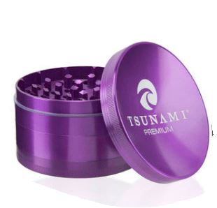 Front view of the Tsunami 100mm sunken top herb grinder in purple. This extra-large, premium aluminum grinder features a unique bowl-shaped top perfect for conveniently mixing and rolling your dry herbs.