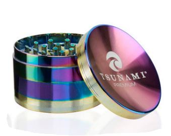 Front view of the Tsunami 100mm sunken top herb grinder in sleek rainbow. This extra-large, premium aluminum grinder features a unique bowl-shaped top perfect for conveniently mixing and rolling your dry herbs.