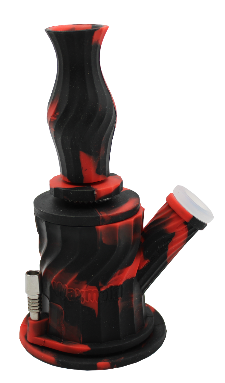 Front angled view of the Waxmaid 6.9-Inch 3-in-1 Silicone Water Pipe in a vibrant multicolored black and red swirl. This versatile hybrid smoking piece functions as a durable, drop-proof water pipe that is completely travel-friendly.