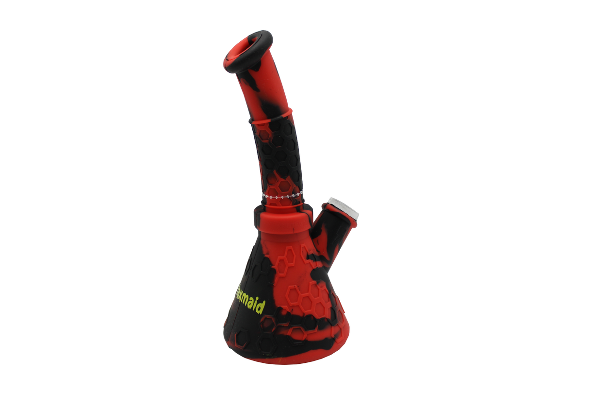 Front profile view of the Waxmaid 8.5 Inch Hobee's Silicone Beaker Water Pipe in a bold black and red swirl. This platinum-cured silicone water pipe features a traditional beaker design that is completely unbreakable for reliable travel use.