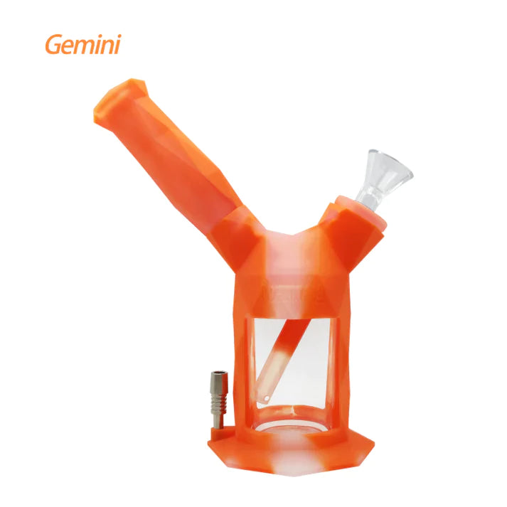 Front angled view of the Waxmaid Gemini 2-in-1 Silicone Pipe in a vibrant multicolored orange and white swirl. This versatile hybrid smoking accessory functions as a durable, drop-proof hand pipe for enjoying dry herb.