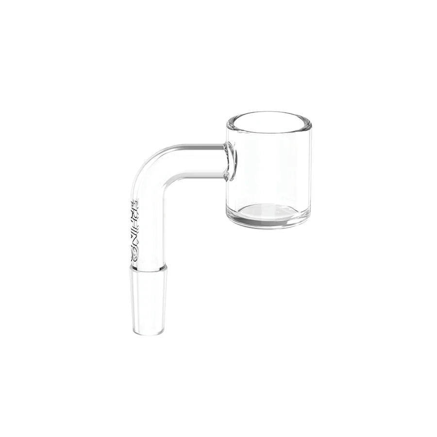 Angled profile view of the White Rhino 10mm 90-degree male quartz banger in clear translucent quartz. Featuring a heavy-duty 2mm thick bucket, this premium banger retains heat longer for optimal vaporization of your concentrates.