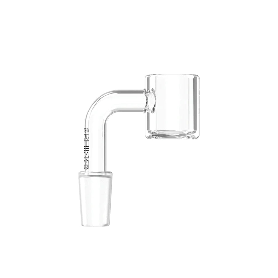 Side view of the White Rhino 14mm 90-Degree Male Thick Bowl Quartz Banger in clear polished glass. This heavy-duty quartz nail features a right-angle neck that fits perfectly into vertical water pipes and upright dab rigs to keep your session level.