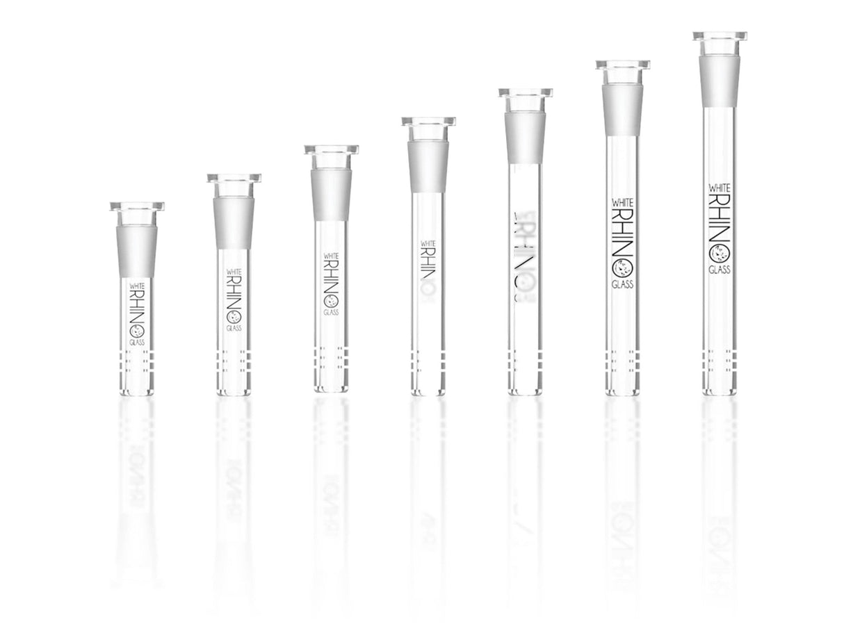 Angled overhead view of the black White Rhino adjustable silicone downstems. This drop-proof, heat-resistant tool acts as the ultimate universal downstem solution for everyday dry herb sessions.