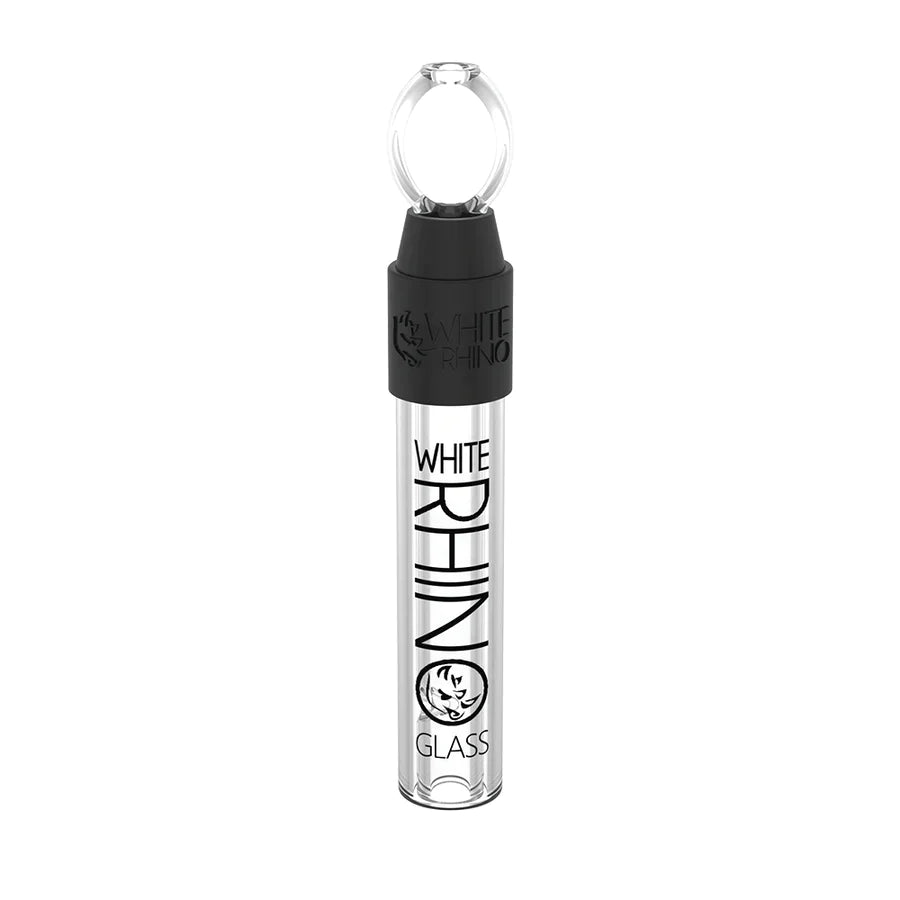 Side profile view of a single White Rhino glass chillum showcasing its clear glass body and sleek black silicone cap. This 4.25-inch compact pipe allows you to pre-pack your dry herbs securely for convenient, mess-free travel.