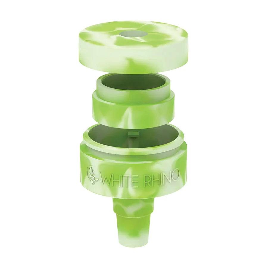 Front angled view of the White Rhino Reclaim-It Glow-in-the-Dark Silicone adapter in a light semi-translucent green. This innovative accessory attaches to water pipes to efficiently collect and salvage unvaporized concentrate materials during use.